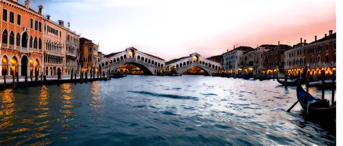 Venetian architecture, grand canal, Baroque style, ornate bridges, water reflections, gondola, Rialto Bridge, San Marco Square, Byzantine mosaics, golden domes, warm sunset lighting, low-angle shot, c