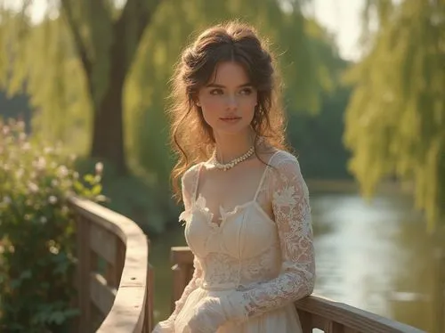 Elegant lady, 25yo, curly brown hair, soft makeup, pearl necklace, white lace gloves, long flowing dress, floral pattern, ruffles, layers, delicate ankle boots, standing, leaning on a vintage wooden r