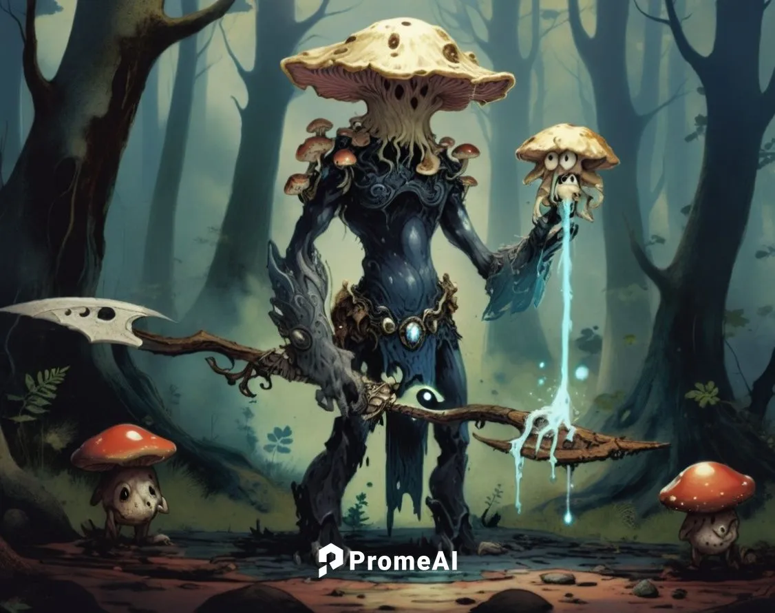 a scary god like mushroom creature with deep eyes is holding a small scared mushroom creature in hand, the mushroom creature in its hand is releasing a shiny slime black goo from its mouth, the sword 