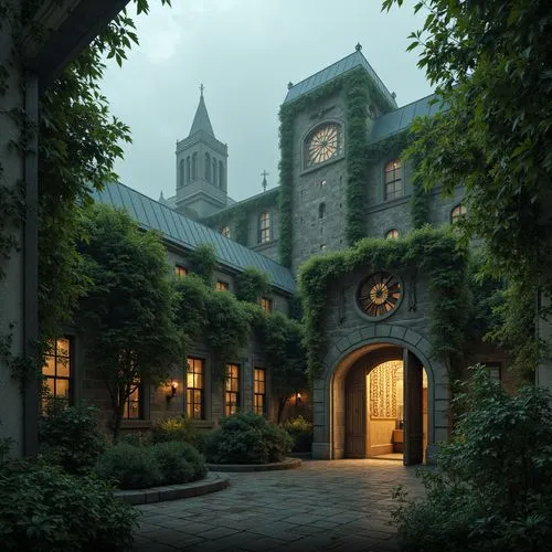 Mystical towers, ancient stone walls, ivy-clad structures, grandiose architecture, dramatic lighting, misty atmosphere, foggy mornings, medieval-inspired design, ornate details, Gothic arches, stained