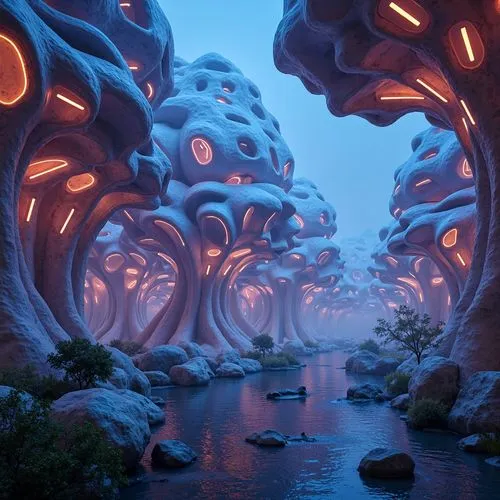 mushroom landscape,futuristic landscape,alien world,mushroom island,blue caves,alien planet,mandelbulb,fantasy landscape,fractal environment,the blue caves,cartoon forest,3d fantasy,biospheres,3d render,coral reef,blue cave,caverns,fairy forest,swampy landscape,sea caves