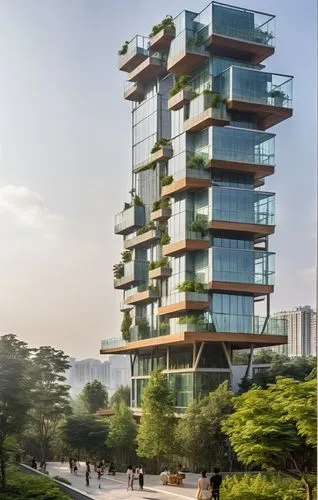 a skyscr with many people walking on the sidewalk,medini,residential tower,cyberjaya,hangzhou,menara,guangzhou,Photography,General,Realistic