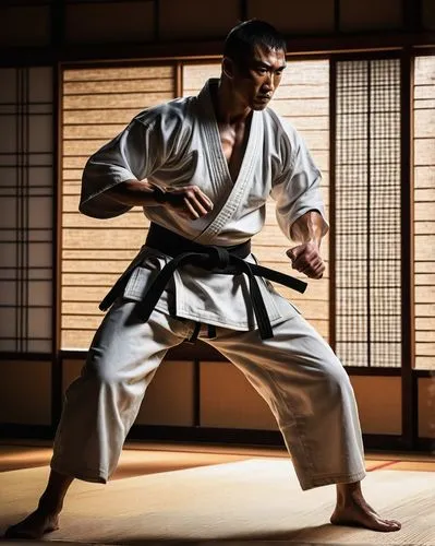 Martial artist, senjutsu style, strong muscular man, intense gaze, short spiky hair, sweat droplets, worn-out gi, black belt, ripped muscles, dynamic pose, kicking motion, Japanese dojo, tatami mats, 