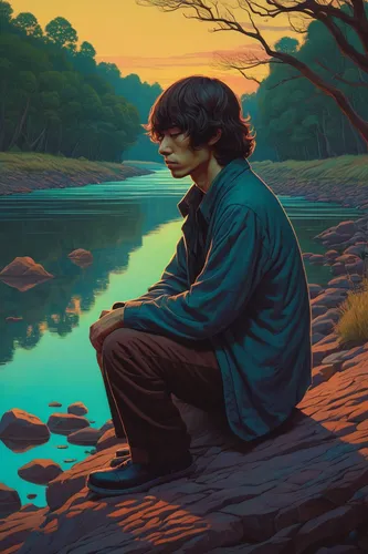 Write a melancholic scene with Dazai Osamu sitting alone by the river, contemplating life.,man praying,contemplation,contemplative,boy praying,ayrton senna,rivers,contemplate,world digital painting,pa