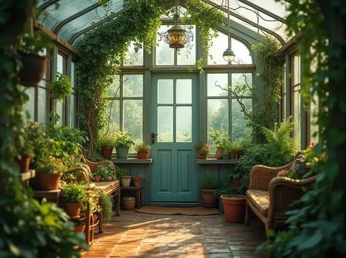 conservatory,greenhouse,garden door,dandelion hall,sunroom,verdant,green garden,victorian room,greenhouse cover,winter garden,victorian,indoor,arbor,tunnel of plants,terrarium,herbology,green living,ornate room,nursery,the threshold of the house,Photography,General,Realistic