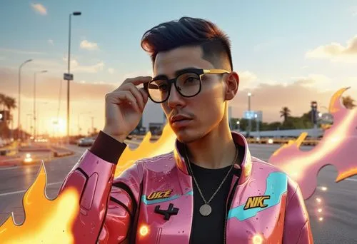 need second version ,an animated image of a man wearing glasses and a pink jacket,pryde,zarembski,fire background,pyromaniac,nilradical,bakar,Photography,General,Sci-Fi