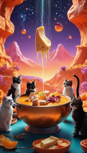 A mesmerizing, cinematic vision of a dreamy plasma world where cats are enjoying a fondue feast. They are gathered around a glowing, orange vat of cheese, daintily dipping their paws to savor the deli