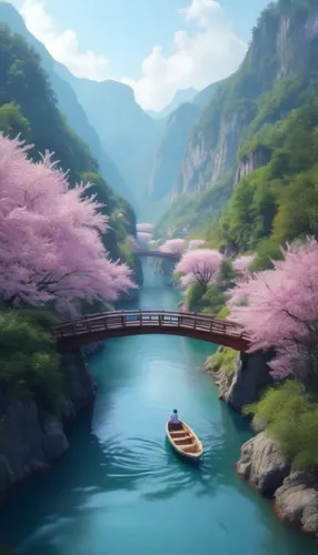 japan landscape,beautiful japan,boat landscape,river landscape,japanese sakura background,beautiful landscape