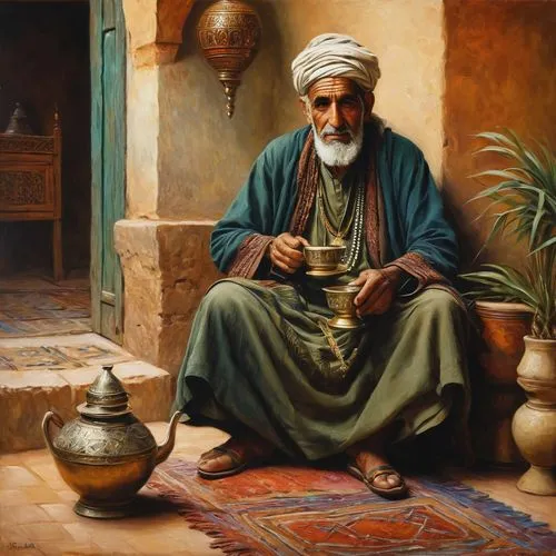 A beautifully detailed oil painting of an aged Arabic Moroccan man, capturing the essence of wisdom and tranquility. He is seated in a rustic, yet cozy, setting, sipping from a delicate cup of tea. Th