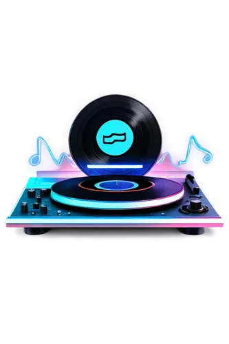 Sound wave, audio signal, loudspeaker, music note, treble clef, headphone, microphone, recording studio, mixing console, DJ equipment, vinyl record, CD player, cassette tape, retro vibe, neon light, f