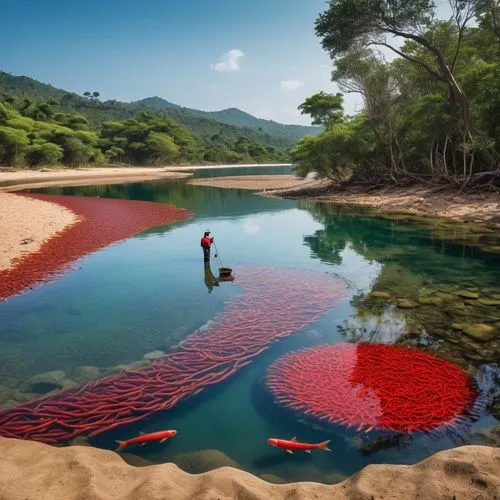 In a world where nature is awash with fear, a fisherman casts a fish slam dunk in his shallows. A can of 'Can of Red Earthworms' is etched in bold, sharp strokes, depicting vibrant red earthworms deep