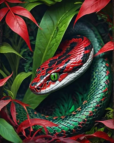 A vividly colored snake with piercing eyes hides among lush green and red foliage, creating a striking contrast in nature. focus on eyes,vipera,nonvenomous,liophis,pitviper,boomslang,green python,lamp