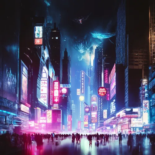 Cyberpunk Kaiju attack,cyberpunk,metropolis,futuristic landscape,futuristic,shinjuku,dystopian,fantasy city,time square,sci-fi,sci - fi,scifi,city at night,city lights,dystopia,sci fi,black city,cityl