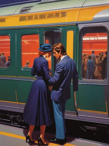 vintage man and woman,queensland rail,passenger cars,vintage illustration,1940 women,service car,the girl at the station,13 august 1961,vintage art,unit compartment car,passenger car,aerial passenger line,model years 1958 to 1967,vintage 1950s,baggage car,oil painting on canvas,red and blue heart on railway,vintage boy and girl,passenger train,long-distance train,Conceptual Art,Sci-Fi,Sci-Fi 21