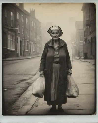 A black and white photorealistic 1970s photograph of a seasoned old woman with a bonnet and a wrinkled face. She is diligently taking bags of garbage out onto the sidewalk. The old woman is dressed in