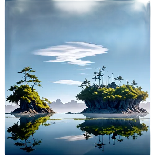 an island far away landscape,landscape background,floating islands,islet,islets,lake tanuki,floating island,swampy landscape,nature background,world digital painting,islands,swamps,forest lake,fantasy landscape,japan landscape,mushroom island,waterscape,evening lake,pine trees,water scape,Illustration,Children,Children 05