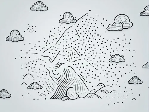 a drawing of a bird with clouds in the background,raincloud,cloud mountain,rain cloud,cloudbursts,weather icon,cumulating,Illustration,Black and White,Black and White 04