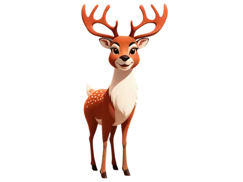 Rudolph, red nose, shiny fur, white belly, brown antlers, bright eyes, smiling face, standing pose, front view, cartoon style, vibrant colors, soft focus, warm lighting, transparent background.,deer i