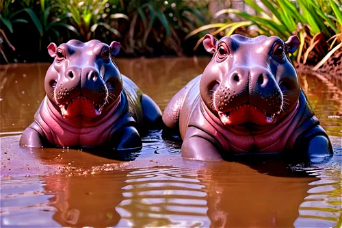 Hippos, water plants surrounding, muddy skin, cute facial expression, small eyes, nostrils flaring, mouth open, sharp teeth, short legs, webbed feet, sitting in water, relaxing, sun shining on back, w