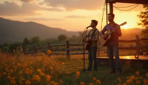 Grassland music venue, outdoor concert, evening atmosphere, sunset glow, rolling hills, wildflowers, gentle breeze, wooden stage, rustic fence, vintage microphone, acoustic guitar, singer-songwriter, 