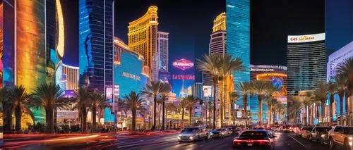 Luxurious architectural design, Las Vegas, grandiose skyscraper, futuristic curves, metallic materials, glass facade, neon lights, vibrant LED displays, busy city street, night scene, dramatic spotlig