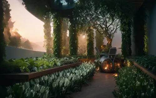 interior garden, futuristic gardening pod, ethereal mood,a large clock on a building surrounded by green plants,elven forest,green garden,calydonian,dandelion hall,rivendell,winter garden,the garden,f