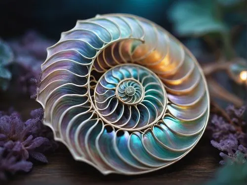 Sacred geometric patterns, intricate Nautilus shell, spiral ridges, pearly iridescent sheen, delicate curves, ornate details, mystical ambiance, ethereal glow, misty atmosphere, dreamlike quality, mac