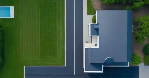 house seen from the sky. Stick to the designs such as the asphalt-paved street and the trees and do not exaggerate the grasses,roof landscape,suburbia,pool house,suburban,drone shot,eisenman,outdoor p