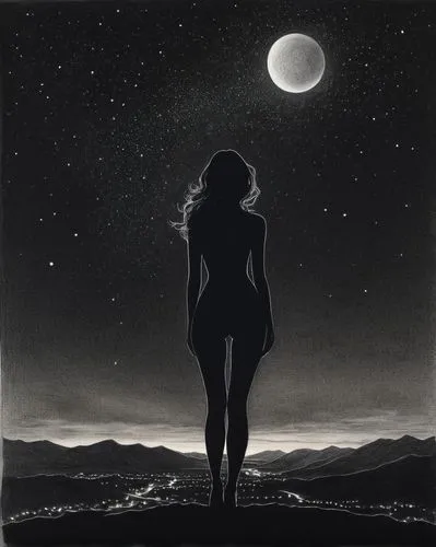 selene,woman silhouette,inanna,moonshadow,celestial body,moonless,Illustration,Realistic Fantasy,Realistic Fantasy 07