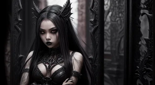 The young pinay filipina girl exudes an aura of dark authority, her piercing gaze framed by intricately braided black hair. Her makeup is dramatic, with heavy eyeliner and dark lipstick, enhancing her