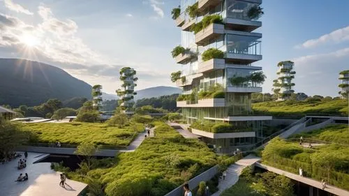 ecotopia,ecovillages,residential tower,futuristic architecture,solar cell base,the energy tower,Photography,General,Realistic