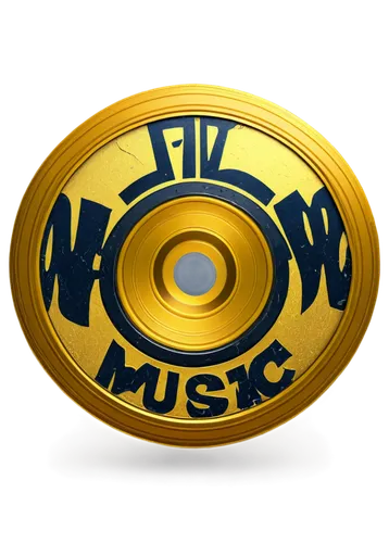 Golden vinyl record, hip hop music logo, metallic texture, circular shape, bold font, graffiti style letters, urban feel, dynamic composition, low-angle shot, dramatic lighting, vibrant colors, 3D eff