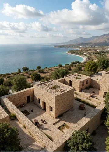 Ancient Aramaic village on the coast,a building made out of bricks with water and sky in the background,hala sultan tekke,kreta,lavrion,spinalonga,ierapetra,chersonesos