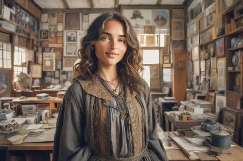 librarian,antique background,girl in a historic way,apothecary,italian painter,antiquariat,hallia venezia,artist portrait,mona lisa,portrait background,art dealer,merchant,bookshop,vinci,catarina,almudena,city ​​portrait,boho background,silversmith,female doctor,Photography,Realistic