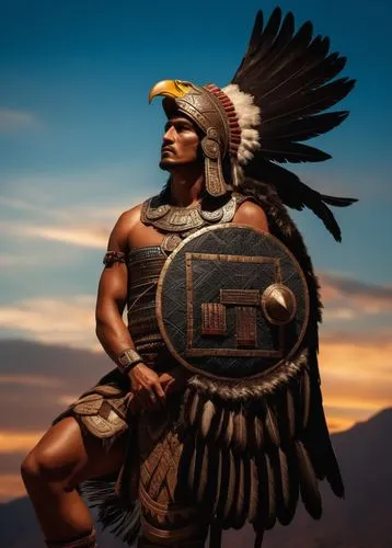 Aztec warrior, with helmet in the shape of an eagle's head, looking at the sky with a stoic pose,Classic eagle Knigth,Azteca ,Caballero águila ,Fantasía ,Prehispánico,Photography,General,Fantasy