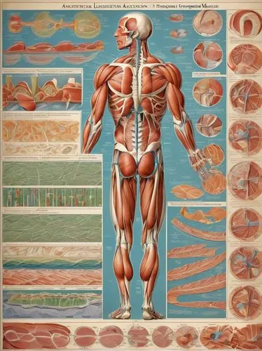 Anatomical illustration, detailed muscular system, various muscles, different architectural arrangements, skeletal muscle fibers, longitudinal section, transverse section, pennate muscle, fusiform mus