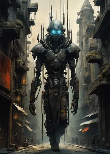 Imagine a futuristic city where eliquid is the only source of hydration. Describe the bustling streets and scarcity of eliquid.,cybernetics,sci fiction illustration,walking man,humanoid,the wanderer,f