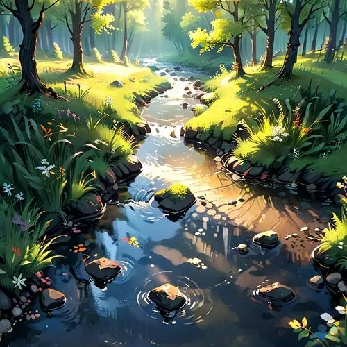 brook landscape,creek,streams,flowing creek,mountain stream,forest glade,streamside,mountain spring,swamps,forest path,fairy forest,forest floor,clear stream,swampy landscape,small landscape,forest,a river,wetlands,moss landscape,streambeds,Anime,Anime,Cartoon