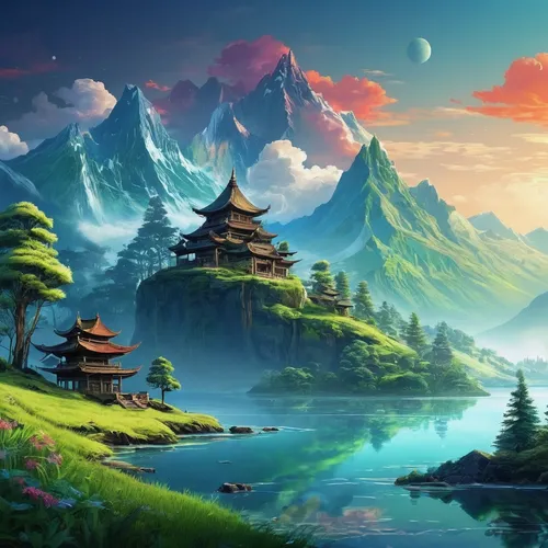 fantasy landscape,landscape background,mountain landscape,mountainous landscape,mountain scene,japan landscape,mountain world,cartoon video game background,fantasy picture,beautiful landscape,world digital painting,high landscape,chinese background,home landscape,japanese mountains,nature landscape,yunnan,full hd wallpaper,japanese background,an island far away landscape,Conceptual Art,Sci-Fi,Sci-Fi 05