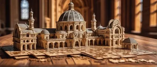 intricate architecture, jigsaw puzzle pieces, scattered on wooden table, morning sunlight, warm beige colors, Renaissance-style building, ornate stone carvings, grand dome, Roman arches, Gothic window