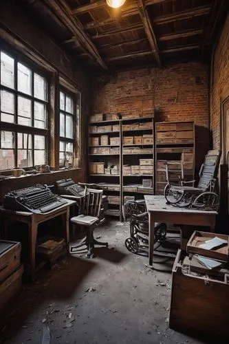 Abandoned, old, doc's architectural salvage, vintage medical equipment, wooden crates, rusty metal shelves, distressed brick walls, dim lighting, warm colors, nostalgic atmosphere, peeling paint, worn