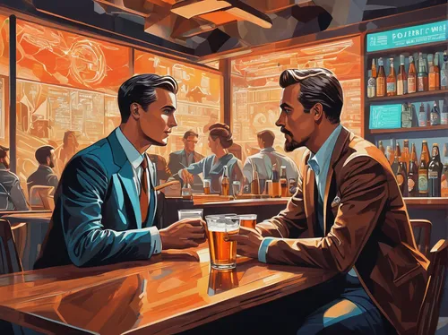 drinking establishment,glasses of beer,unique bar,two types of beer,world digital painting,men sitting,soda fountain,businessmen,conversation,drinks,sci fiction illustration,gentleman icons,drinking party,beers,fifties,retro diner,pub,business men,draft beer,vintage art,Conceptual Art,Sci-Fi,Sci-Fi 06