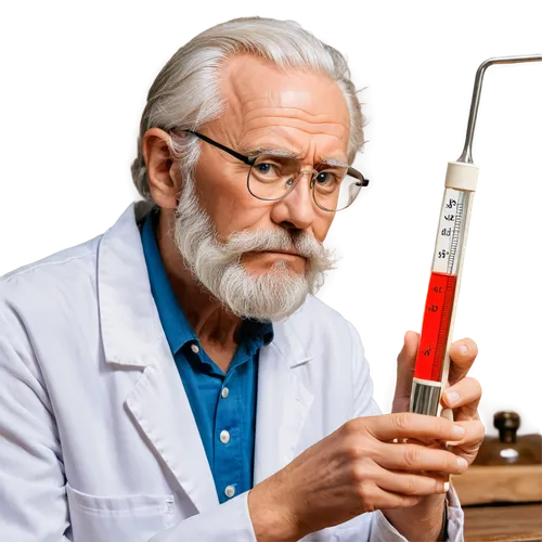 Charles Law, scientist, old man, white hair, beard, glasses, lab coat, holding thermometer, looking at experiment, serious facial expression, wrinkles, aged skin, wooden table, vintage scientific equi