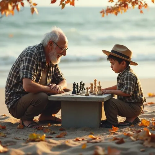 Create a highly realistic image of an elderly man and his 7-year-old grandson playing chess while seated in front of a beach in autumn. The elderly man is slightly hunched over, wearing a checkered bl