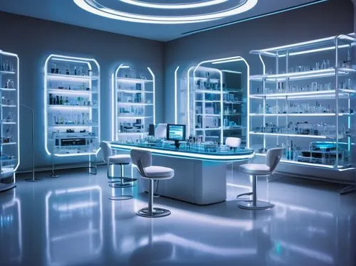 Deco DNA test, futuristic laboratory, interior design, sleek lines, neon lights, minimalist aesthetic, sterile white walls, metallic surfaces, glass tables, high-tech equipment, DNA helix models, petr