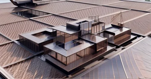 solar cell base,3d rendering,cubic house,roof landscape,roof panels,isometric,roof construction,japanese architecture,flat roof,folding roof,cube stilt houses,house roof,archidaily,ventilation grid,ki