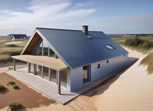 wooden foudation, 15 degrees sloped roof, netherlands sand dunes, rual modern house,this is a large house in the desert,dunes house,dune ridge,danish house,admer dune,inverted cottage,frisian house,Ph