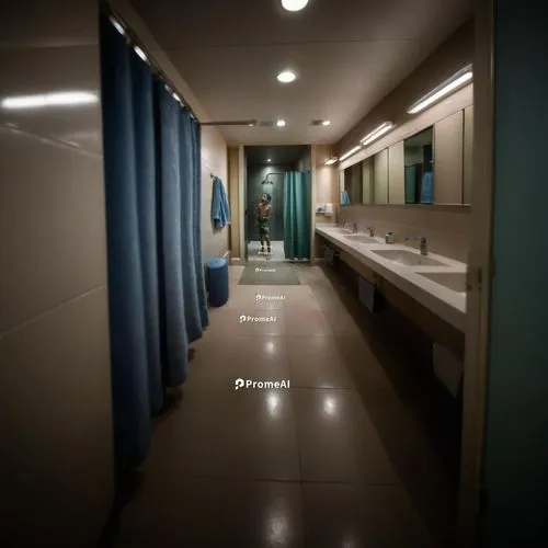 With bathroom stalls with toilet ,long hallway with light on and sinks inside,treatment room,dormitories,corridor,corridors,dormitory,hallway