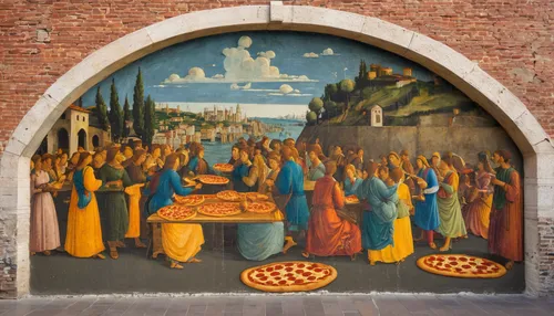 mural,murals,pizzeria,sicilian cuisine,fresco,carpaccio,modena,piazza,christ feast,amaretti di saronno,colomba di pasqua,grana padano,bellini,raffaello da montelupo,brick oven pizza,pizza stone,piemonte,venice square,church painting,san pietro,Conceptual Art,Oil color,Oil Color 16