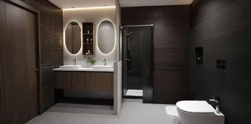 modern bathroom with dark and light themes in tiles, vanity with 2 basins and mirrors and a door. make the basin wall as the highlight wall and the floor and wall to be with dark colored tiles,a large